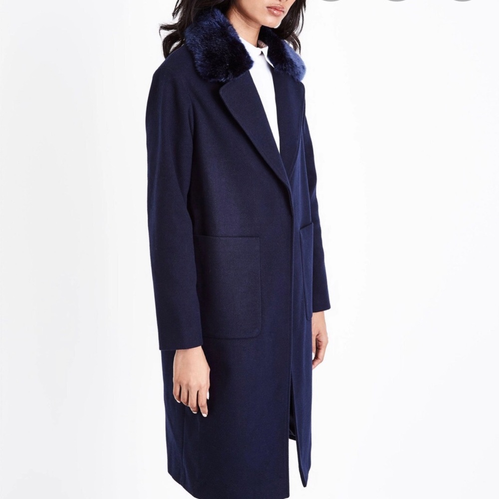 New Look Navy Coat with Faux Fur Trim - Size 10
